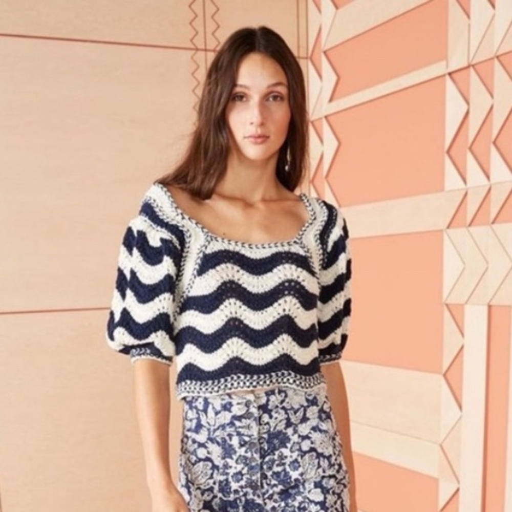 Ulla Johnson Luciana Crochet Navy and Cream Blouse